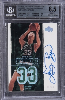 2003-04 UD "Exquisite Collection" Number Piece Autographs #LB Larry Bird Signed Game Used Patch Card (#33/33) - BGS NM-MT+ 8.5/BGS 10